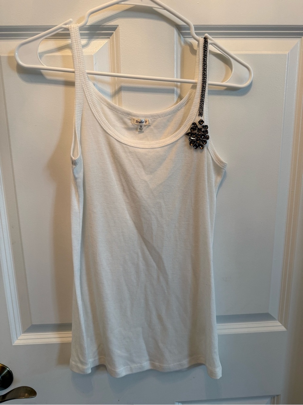 Studio Y White Ribbed Tank with Jeweled Strap